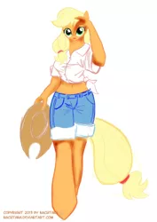 Size: 566x800 | Tagged: suggestive, artist:nachtana, derpibooru import, applejack, anthro, female, solo, solo female