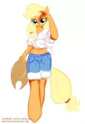 Size: 566x822 | Tagged: suggestive, artist:nachtana, derpibooru import, edit, applejack, anthro, belly button, female, midriff, solo, solo female