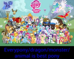 Size: 1080x864 | Tagged: safe, derpibooru import, aloe, angel bunny, apple bloom, applejack, big macintosh, bon bon, braeburn, carrot cake, carrot top, cheerilee, chief thunderhooves, cup cake, daisy, derpy hooves, diamond tiara, doctor whooves, fancypants, flower wishes, fluttershy, gilda, golden harvest, granny smith, gummy, lily, lily valley, lotus blossom, lyra heartstrings, mayor mare, minuette, octavia melody, opalescence, owlowiscious, philomena, photo finish, pinkie pie, prince blueblood, princess celestia, princess luna, rainbow dash, rarity, roseluck, sapphire shores, scootaloo, silver spoon, snails, snips, soarin', spike, spitfire, steven magnet, sweetie belle, sweetie drops, time turner, trixie, twilight sparkle, twist, vinyl scratch, winona, zecora, diamond dog, earth pony, gryphon, hydra, manticore, parasprite, pony, zebra, best pony, clothes, costume, cutie mark crusaders, everypony, flower trio, male, mane six, multiple heads, royal guard, shadowbolts, shadowbolts costume, spa twins, stallion