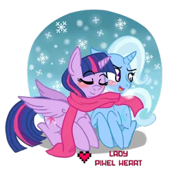 Size: 2969x2921 | Tagged: safe, artist:ladypixelheart, derpibooru import, trixie, twilight sparkle, twilight sparkle (alicorn), alicorn, pony, blushing, clothes, female, lesbian, mare, scarf, shared clothing, shared scarf, shipping, simple background, snow, snowfall, transparent background, twixie