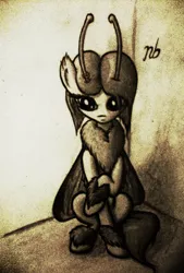 Size: 1384x2048 | Tagged: artist:newbluud, derpibooru import, monochrome, mothpony, moth pony general, oc, oc:sepia, original species, safe, solo, unofficial characters only