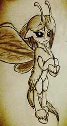 Size: 540x1013 | Tagged: artist:newbluud, derpibooru import, monochrome, mothpony, moth pony general, oc, oc:sepia, original species, safe, solo, unofficial characters only