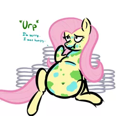 Size: 1280x1227 | Tagged: artist:zeldafan777, belly, belly button, chubby, derpibooru import, dishes, fat, fattershy, fluttershy, messy, messy eating, safe, solo, stuffed, stuffing, weight gain