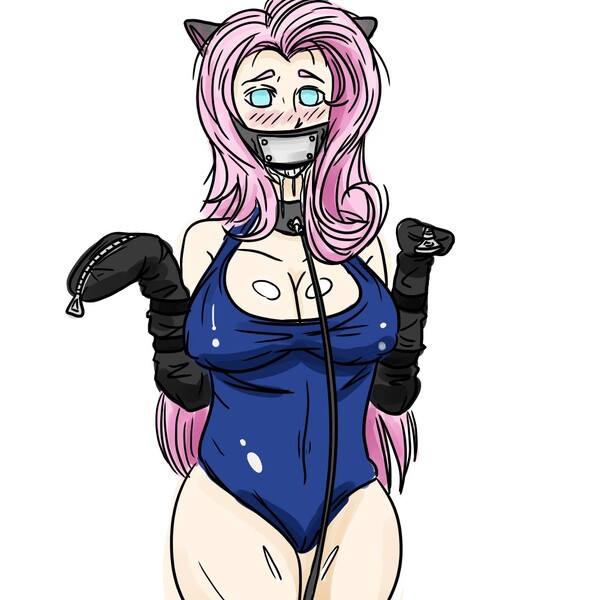 Size: 1000x1000 | Tagged: artist:thebittersweetprince, blushing, bondage, bondage mitts, breasts, busty fluttershy, cat ears, cleavage, clothes, cloth gag, collar, derpibooru import, female, fluttercat, fluttershy, gag, gloves, human, humanized, leash, light skin, questionable, school swimsuit, solo, solo female, sukumizu, swimsuit