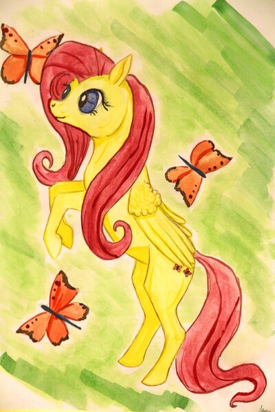 Size: 800x1200 | Tagged: safe, artist:thatdenver, derpibooru import, fluttershy, butterfly, solo, traditional art