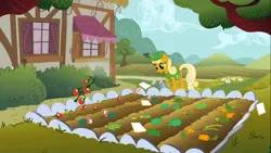 Size: 1366x768 | Tagged: background pony, derpibooru import, garden, manely gold, marigold, safe, screencap, solo, swarm of the century