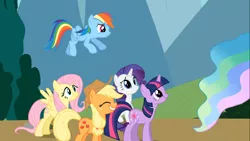 Size: 1366x768 | Tagged: applejack, derpibooru import, eyes closed, fluttershy, flying, frown, grin, nervous, princess celestia, princess celestia's hair, rainbow dash, rarity, safe, screencap, smiling, spread wings, standing, swarm of the century, twiface, twilight sparkle, worried