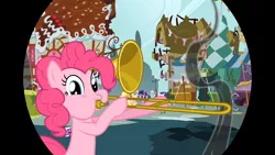 Size: 1366x768 | Tagged: applejack, derpibooru import, end, fluttershy, mane six, pinkie pie, rainbow dash, rarity, safe, screencap, swarm of the century, trombone, twilight sparkle