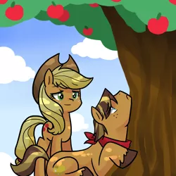 Size: 3000x3000 | Tagged: safe, artist:kianamai, derpibooru import, applejack, oc, oc:golden delicious, earth pony, pony, kilalaverse, apple, apple tree, applebucking, duo, female, food, frown, leaning, male, mare, mother and son, next generation, offspring, parent:applejack, parent:caramel, parents:carajack, prone, sad, smiling, stallion, standing, story included, tree