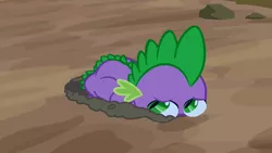 Size: 1280x720 | Tagged: safe, derpibooru import, screencap, spike, dragon, dragon quest, animation error, baby, baby dragon, cute, dirt, green eyes, hole, male, scales, scared, solo, spikabetes