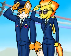 Size: 1614x1268 | Tagged: anthro, artist:sonigoku, clothes, commission, crossover, derpibooru import, dress uniform, fox, jets, miles "tails" prower, military, military uniform, murica, pegasus, safe, salute, sonic the hedgehog (series), spitfire, spittails, uniform, united states