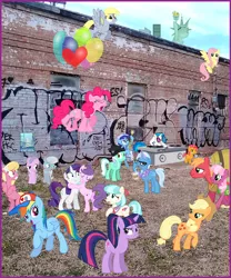 Size: 660x793 | Tagged: safe, artist:drpain, derpibooru import, applejack, babs seed, big macintosh, cheerilee, coco pommel, derpy hooves, diamond tiara, fluttershy, lily, lily valley, lyra heartstrings, minuette, pinkie pie, rainbow dash, rarity, silver spoon, suri polomare, trixie, twilight sparkle, vinyl scratch, earth pony, pegasus, pony, unicorn, art theft, balloon, block party, cider, irl, male, mane six, manehattan, meme, party, photo, ponies in real life, stallion