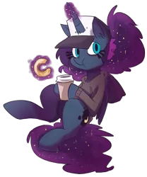 Size: 879x1056 | Tagged: artist:herny, clothes, coffee, derpibooru import, donut, eating, food, hat, luna-afterdark, magic, princess luna, safe, simple background, solo, sweater