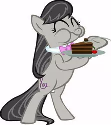 Size: 338x380 | Tagged: safe, derpibooru import, octavia melody, earth pony, pony, bipedal, cake, fork, magnet hoof, simple background, solo, white background