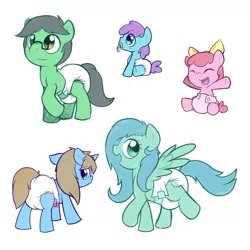 Size: 1280x1280 | Tagged: safe, artist:cuddlehooves, derpibooru import, oc, oc:itty bit, oc:mindset, oc:tenerius, oc:vitriol ink, unofficial characters only, pony, baby, baby pony, diaper, foal, pacifier, poofy diaper