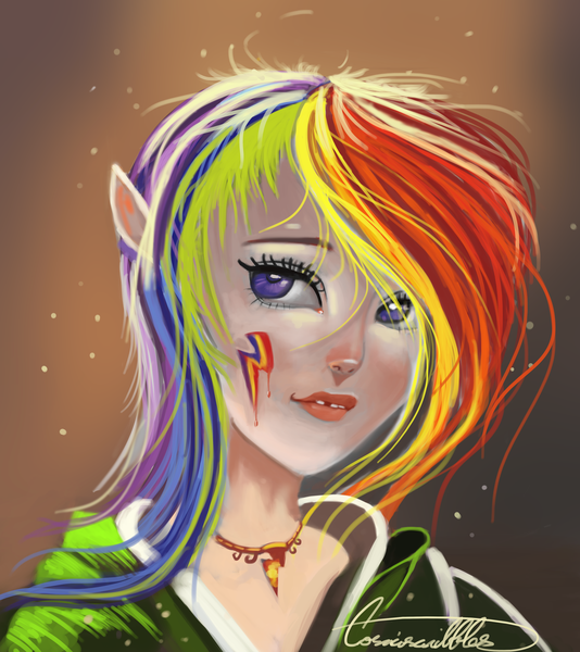 Size: 4680x5255 | Tagged: absurd resolution, alternative cutie mark placement, artist:auroriia, elf, facial cutie mark, gelfling, human, humanized, light skin, rainbow dash, safe, solo, the dark crystal