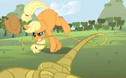 Size: 7432x4638 | Tagged: absurd resolution, action pose, applejack, artist:redapropos, derpibooru import, foreshortening, lasso, mouth hold, offscreen character, pov, rope, safe, solo, submissive pov, viewer on leash