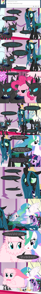 Size: 650x4625 | Tagged: safe, artist:mixermike622, derpibooru import, doomie, pinkie pie, princess celestia, queen chrysalis, twilight sparkle, twilight sparkle (alicorn), oc, oc:fluffle puff, alicorn, changeling, pony, tumblr:ask fluffle puff, cape, clothes, crying, female, hilarious in hindsight, intervention, mare, super fluff, tumblr