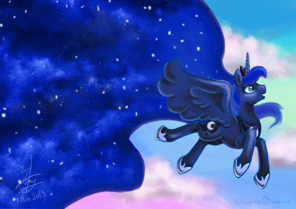 Size: 595x421 | Tagged: safe, artist:chirpy-chi, derpibooru import, princess luna, alicorn, pony, cloud, female, flying, mare, signature, solo