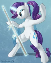 Size: 653x809 | Tagged: safe, artist:brianblackberry, derpibooru import, rarity, pony, unicorn, alternate hairstyle, belly button, bipedal, bo staff, female, kung fu, magic, mare, martial artist rarity, martial arts, solo, staff, stick, weapon