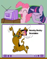 Size: 600x748 | Tagged: bad pun, derpibooru import, exploitable meme, facehoof, hanna barbera, meme, mixed reactions, obligatory pony, pinkie pie, pun, safe, scooby doo, scootaloo, tv meme, twilight sparkle