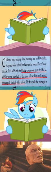 Size: 557x1846 | Tagged: barely pony related, book, comic, derpibooru import, edit, edited screencap, harry potter, meme, obligatory pony, professor quirrell, rainbow dash, reading rainbow, read it and weep, safe, screencap, screencap comic, voldemort