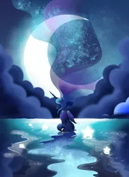 Size: 2550x3501 | Tagged: alicorn, artist:artist-apprentice587, cloud, derpibooru import, ethereal mane, eyes closed, female, folded wings, horn, moon, night, princess luna, reflection, sad, safe, sitting, solo, stars, water, wings