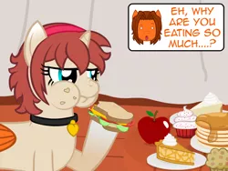 Size: 640x480 | Tagged: safe, artist:aha-mccoy, derpibooru import, oc, oc:aha mclovin, oc:corel, unofficial characters only, pony, unicorn, apple, collar, cupcake, female, food, mare, muffin, offscreen character, pancakes, pie, puffy cheeks, sandwich