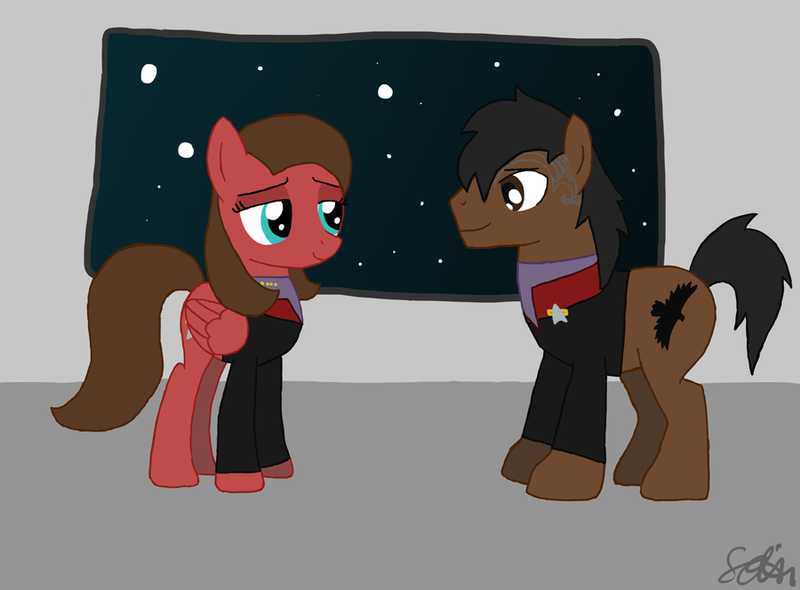 Size: 900x664 | Tagged: safe, artist:lomise, derpibooru import, ponified, earth pony, pegasus, pony, chakotay, clothes, janeway, kathryn janeway, star trek, star trek: voyager, tattoo, uniform