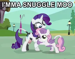 Size: 574x449 | Tagged: calf, cow, cowbelle, cute, derpibooru import, hug, image macro, imma snuggle you, pun, raricow, rarity, safe, species swap, sweetie belle, udder