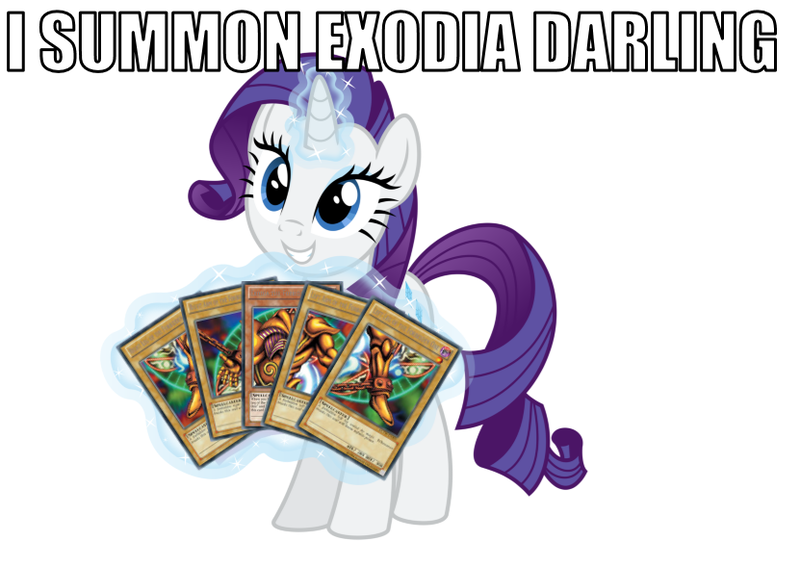 Size: 831x589 | Tagged: card, crossover, derpibooru import, exodia, grin, image macro, levitation, magic, meme, rarity, rarity takes manehattan, safe, simple background, smiling, solo, squee, tcg, telekinesis, trading card, white background, yu-gi-oh!