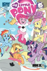 Size: 421x639 | Tagged: safe, artist:katiecandraw, derpibooru import, idw, applejack, fluttershy, pinkie pie, rainbow dash, rarity, twilight sparkle, twilight sparkle (alicorn), alicorn, pony, canada, cover, curling, fan expo, female, mane six, mare, poutine, timbits