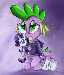 Size: 980x1142 | Tagged: safe, artist:daniel-sg, derpibooru import, rarity, spike, dragon, pony, unicorn, clothes, cute, cutie mark, fangs, female, frown, green eyes, hilarious in hindsight, hoodie, jacket, looking up, male, mare, pillow, plushie, rarity plushie, sad, sadorable, signature, simple background, solo, spikabetes, zipper