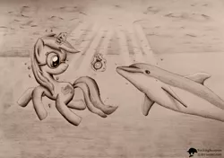 Size: 1500x1057 | Tagged: anatomically incorrect, artist:rockingscorpion, derpibooru import, dolphin, incorrect leg anatomy, magic, monochrome, ocean, safe, seafoam, sea swirl, solo, traditional art