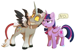 Size: 1188x807 | Tagged: safe, artist:c-puff, derpibooru import, discord, twilight sparkle, twilight sparkle (alicorn), ponified, alicorn, pony, chaos, cute, discute, duo, duo male and female, female, grin, male, mare, pony discord, signature, simple background, smiling, stallion, transparent background, twilight is not amused, unamused