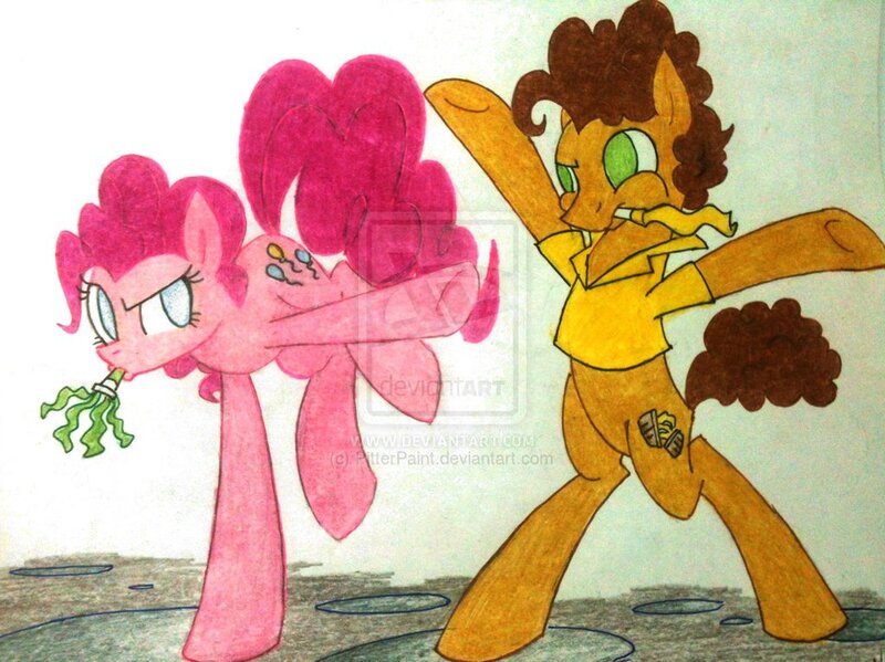 Size: 1024x767 | Tagged: safe, artist:pitterpaint, derpibooru import, cheese sandwich, pinkie pie, pinkie pride, cheesepie, female, male, shipping, straight, traditional art, watermark