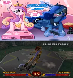 Size: 926x979 | Tagged: 1999, arcade stick, artist:angriestangryartist, derpibooru import, dreamworks, energy drink, fight, game, gamer luna, interactive, jurassic park, playing, popcorn, princess cadance, princess luna, safe, versus, video game, warpath