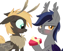 Size: 1154x947 | Tagged: safe, artist:equestria-prevails, derpibooru import, oc, oc:echo, unofficial characters only, bat pony, mothpony, original species, blushing, cute, fangs, female, floppy ears, fluffy, frown, hoof hold, interspecies, lesbian, /mlp/, moth pony general, nose wrinkle, open mouth, scrunchy face, simple background, surprised, :t, transparent background, tsundere