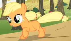 Size: 508x295 | Tagged: safe, derpibooru import, screencap, applejack, earth pony, pony, the cutie mark chronicles, cute, female, filly, foal, jackabetes, outfit catalog, running, smiling, solo, tree, younger