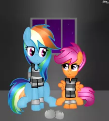 Size: 1800x2000 | Tagged: artist:kikirdcz, ball and chain, bound wings, clothes, derpibooru import, jail, prison, prisoner, prisoner rd, prison outfit, prison stripes, rainbow dash, safe, scootaloo, shackles