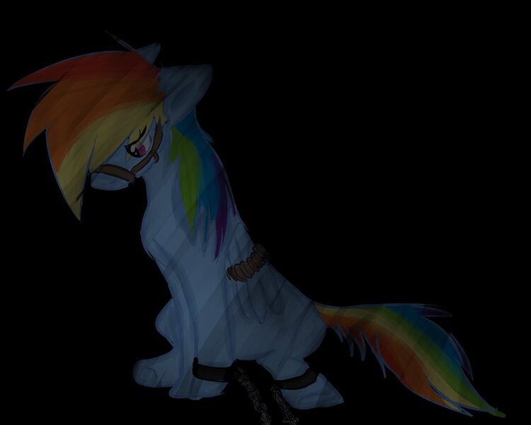 Size: 999x799 | Tagged: safe, artist:achlys-freak, derpibooru import, rainbow dash, black background, bondage, bound wings, bridle, chains, floppy ears, gag, muzzle gag, prisoner, sad, shackles, simple background, sitting, solo