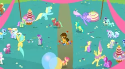 Size: 853x474 | Tagged: safe, derpibooru import, screencap, berry punch, berryshine, bon bon, cheerilee, cheese sandwich, cinnamon swirl, cloudchaser, derpy hooves, diamond mint, drizzle, emerald green, flitter, green gem, green jewel, meadow song, merry may, minuette, orange blossom, parasol, prim posy, rainbowshine, sassaflash, serena, sunshower raindrops, sweetie drops, tropical spring, twinkleshine, welly, earth pony, pegasus, pony, unicorn, pinkie pride, background pony, cake, clothes, colt, female, filly, flower, flower in hair, food, mare, saddle, skirt, tack, twisted bon bon, younger