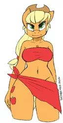 Size: 985x1920 | Tagged: anthro, applejack, artist:kilo, bandeau, belly button, breasts, busty applejack, clothes, derpibooru import, midriff, safe, sarong, simple background, solo