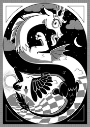 Size: 1400x1981 | Tagged: artist:dahtamnay, black and white, day, derpibooru import, discord, draconequus, duality, escheresque, floating, flying, grayscale, impossible object, looking at you, male, m. c. escher, modern art, monochrome, night, non-euclidean, optical illusion, safe, smiling, solo, style emulation, surreal, yin-yang