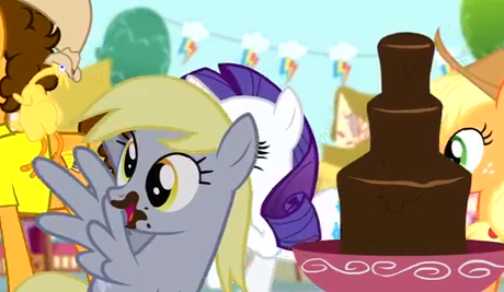 Size: 460x267 | Tagged: safe, derpibooru import, screencap, applejack, cheese sandwich, derpy hooves, rarity, pegasus, pony, pinkie pride, chocolate fountain, female, mare