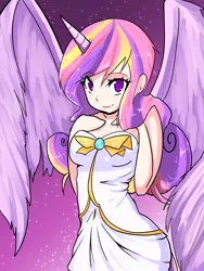 Size: 2250x3000 | Tagged: artist:acharmingpony, clothes, derpibooru import, horned humanization, human, humanized, princess cadance, safe, solo, spread wings, strapless, tailed humanization, winged humanization