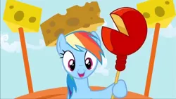 Size: 638x359 | Tagged: cheese, cheese hat, cheesehead, cheese scepter, derpibooru import, hat, pinkie pride, rainbow dash, safe, screencap, solo