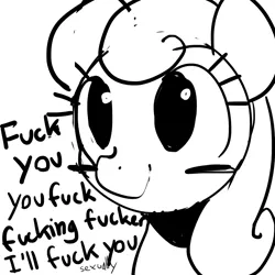 Size: 1500x1500 | Tagged: artist:mewball, black and white, blushing, blush sticker, bon bon, cute, derpibooru import, dialogue, donte, female, fuck, grayscale, monochrome, smiling, solo, solo female, suggestive, sweetie drops, vuldorable, vulgar