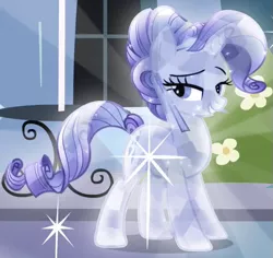 Size: 505x477 | Tagged: safe, derpibooru import, screencap, rarity, crystal pony, pony, the crystal empire, alternate hairstyle, bush, crystal rarity, crystallized, flower, grin, lidded eyes, outfit catalog, solo, sparkles