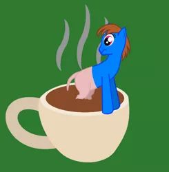 Size: 600x611 | Tagged: safe, artist:repentantanon, derpibooru import, oc, oc:sunnyside, unofficial characters only, pony, coffee, cup of pony, frown, hairless, looking back, micro, simple background, solo, wide eyes